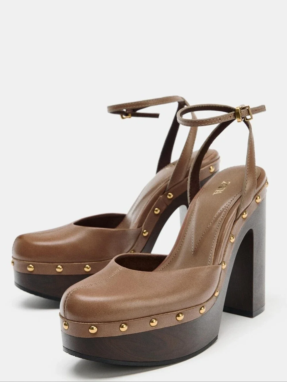 ZARA New Brown Leather Faux Wood Studded Platform Pumps Heels NWT Size 7.5